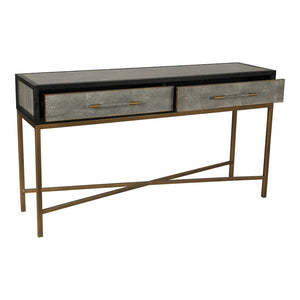 English Elm Console Table Art Deco Shagreen Top Brass Leg Accents Black Oak Entryway Statement B2769P530536