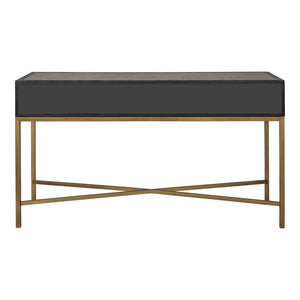 English Elm Console Table Art Deco Shagreen Top Brass Leg Accents Black Oak Entryway Statement B2769P530536