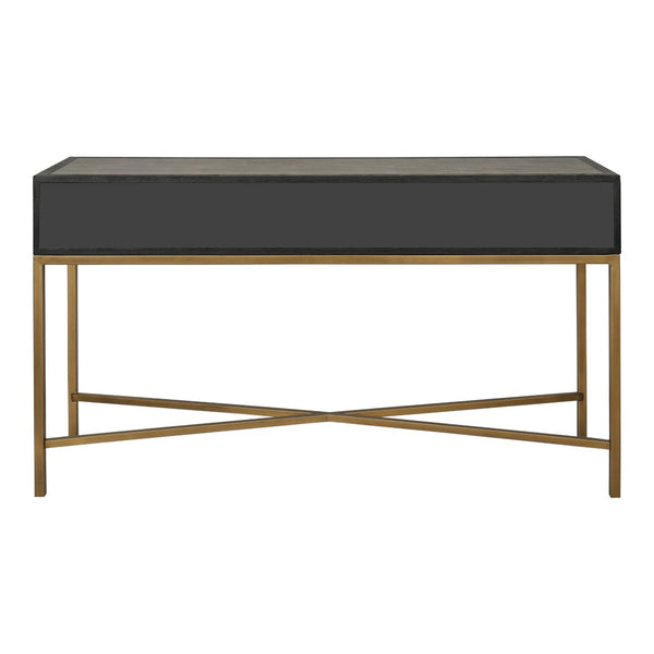 English Elm Console Table Art Deco Shagreen Top Brass Leg Accents Black Oak Entryway Statement B2769P530536