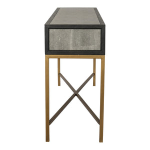 English Elm Console Table Art Deco Shagreen Top Brass Leg Accents Black Oak Entryway Statement B2769P530536