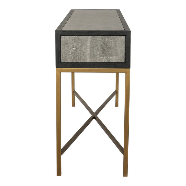 English Elm Console Table Art Deco Shagreen Top Brass Leg Accents Black Oak Entryway Statement B2769P530536