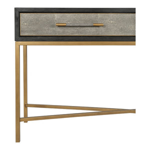 English Elm Console Table Art Deco Shagreen Top Brass Leg Accents Black Oak Entryway Statement B2769P530536