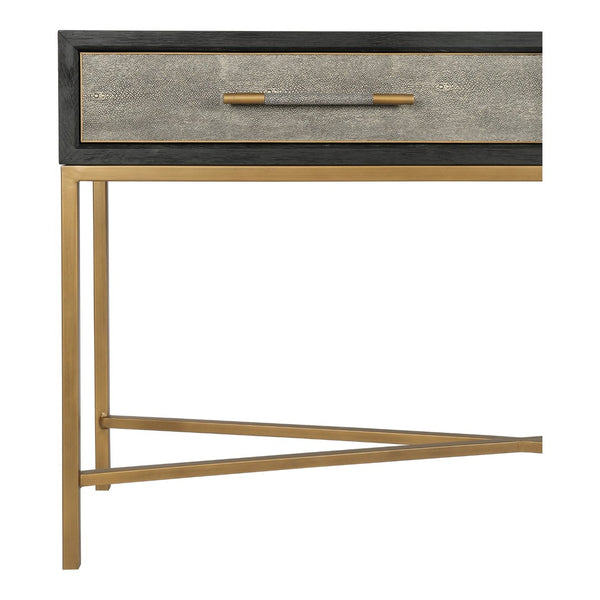 English Elm Console Table Art Deco Shagreen Top Brass Leg Accents Black Oak Entryway Statement B2769P530536