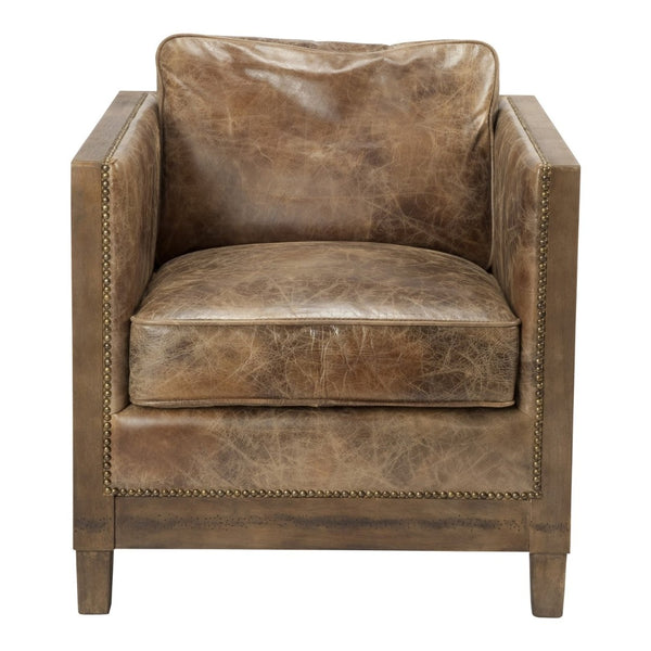 English Elm Club Chair Solid Rubberwood Genuine Leather Brass Stud Trim Study Library Lounge B2769P538952