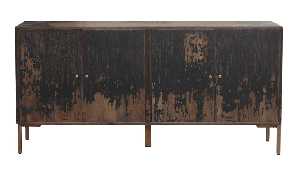 English Elm Sideboard, Solid Mango Wood and Iron Base Rustic Industrial Storage for Dining Rooms B2769P538953