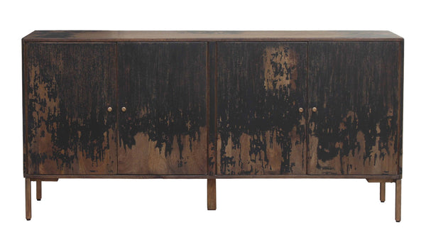 English Elm Sideboard, Solid Mango Wood and Iron Base Rustic Industrial Storage for Dining Rooms B2769P538953