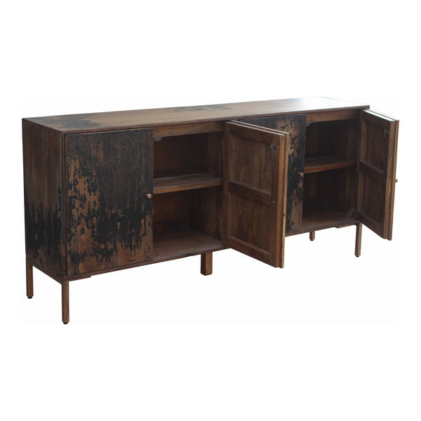 English Elm Sideboard, Solid Mango Wood and Iron Base Rustic Industrial Storage for Dining Rooms B2769P538953