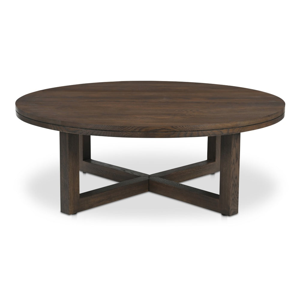 English Elm Coffee Table Solid Oak Layered Round Top with Wire-brushed Grain and Iron X Base B2769P538958