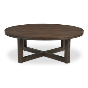 English Elm Coffee Table Solid Oak Layered Round Top with Wire-brushed Grain and Iron X Base B2769P538958