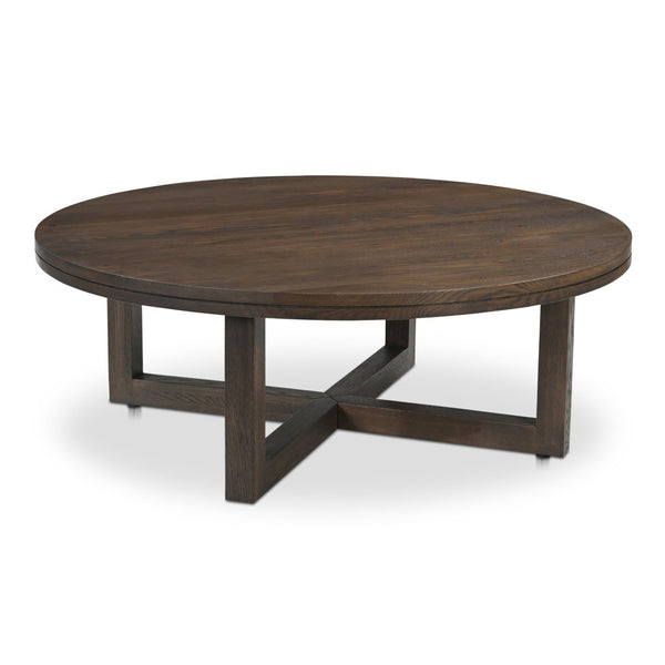 English Elm Coffee Table Solid Oak Layered Round Top with Wire-brushed Grain and Iron X Base B2769P538958