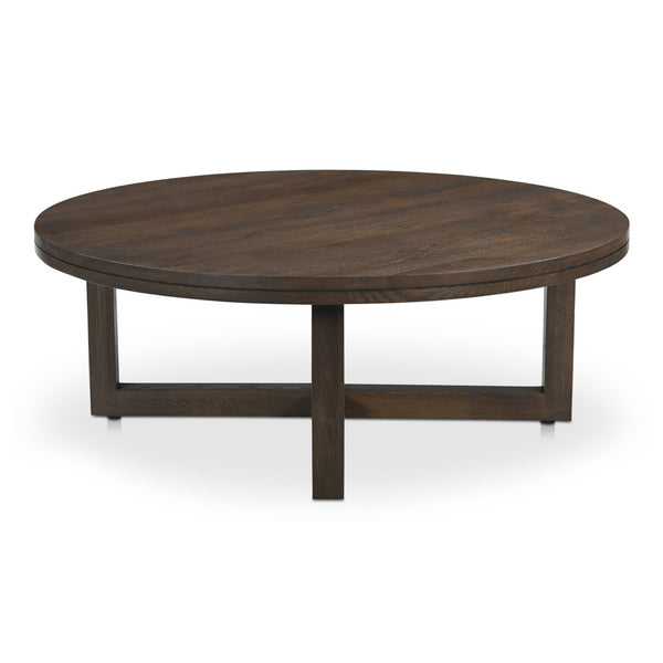 English Elm Coffee Table Solid Oak Layered Round Top with Wire-brushed Grain and Iron X Base B2769P538958