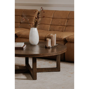 English Elm Coffee Table Solid Oak Layered Round Top with Wire-brushed Grain and Iron X Base B2769P538958