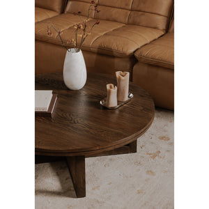 English Elm Coffee Table Solid Oak Layered Round Top with Wire-brushed Grain and Iron X Base B2769P538958