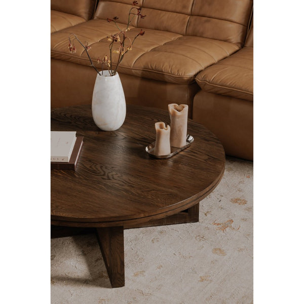 English Elm Coffee Table Solid Oak Layered Round Top with Wire-brushed Grain and Iron X Base B2769P538958