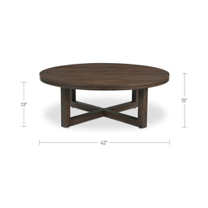 English Elm Coffee Table Solid Oak Layered Round Top with Wire-brushed Grain and Iron X Base B2769P538958