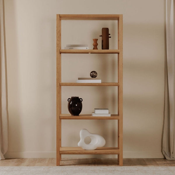 English Elm Bookshelf, Solid White Oak Frame Four Shelf Natural Grain Scandinavian Living Room Storage B2769P538959