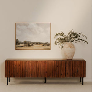 English Elm Media Cabinet Solid Acacia Wood Four Soft Close Doors Iron Legs Living Room B2769P542756