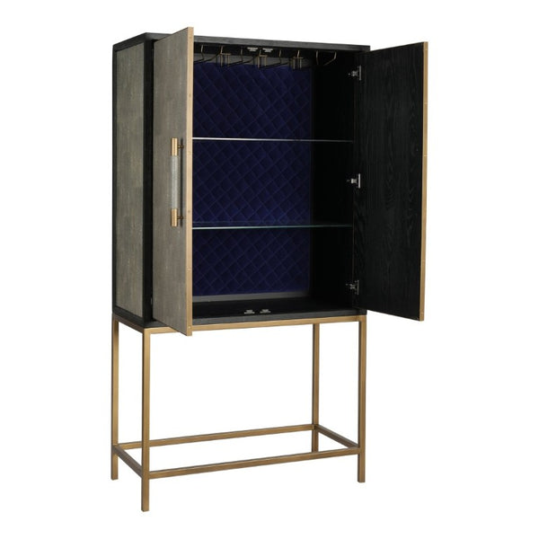 English Elm Cabinet, Art Deco Shagreen Texture Brass Hardware Glass Shelves Black Oak Display B2769P542758