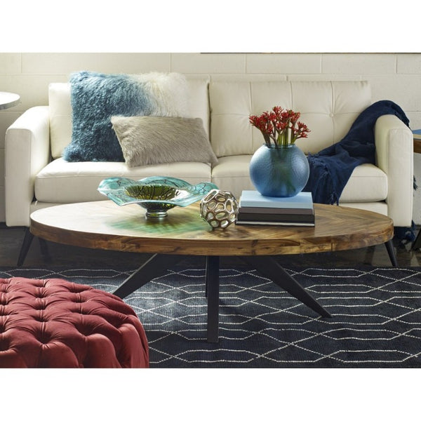 English Elm Coffee Table Oval Solid Acacia Wood Herringbone Surface Warm Rustic Living Room Accent B2769P542759