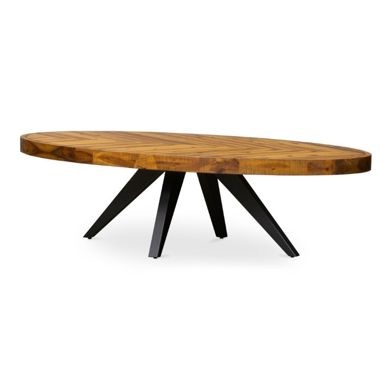 English Elm Coffee Table Oval Solid Acacia Wood Herringbone Surface Warm Rustic Living Room Accent B2769P542759