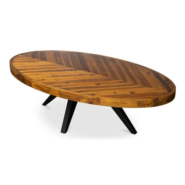 English Elm Coffee Table Oval Solid Acacia Wood Herringbone Surface Warm Rustic Living Room Accent B2769P542759