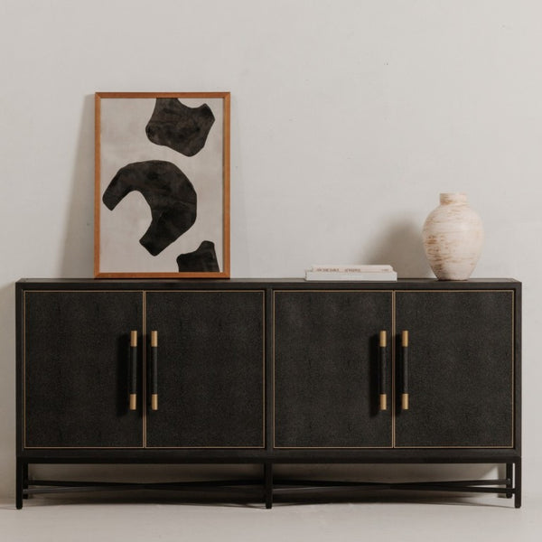 English Elm Sideboard, Art Deco Shagreen Vegan Leather Brass Leg Dining Room Storage Cabinet B2769P551507