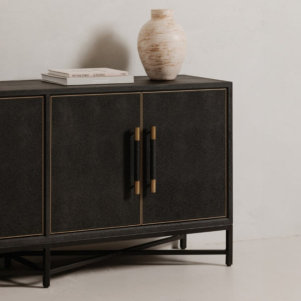 English Elm Sideboard, Art Deco Shagreen Vegan Leather Brass Leg Dining Room Storage Cabinet B2769P551507