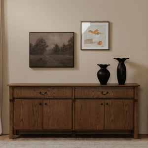 English Elm Sideboard, Solid Oak Wire Brushed Finish Curved Legs Dining Room Storage Cabinet B2769P551509