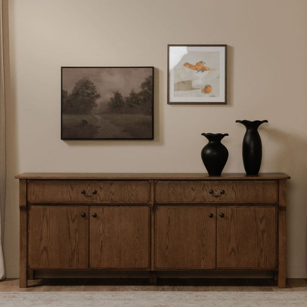 English Elm Sideboard, Solid Oak Wire Brushed Finish Curved Legs Dining Room Storage Cabinet B2769P551509