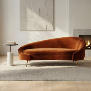 English Elm Chaise, Sculptural Curved Velvet Lounge Seating with Glam Golden Steel Legs Living Room B2769P551516