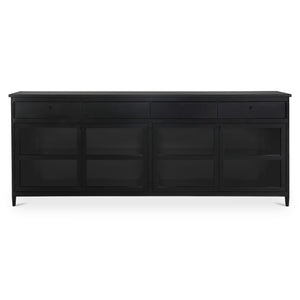 English Elm Sideboard, Matte Black Iron Frame with Tempered Glass Doors for Industrial Dining Rooms B2769P593049
