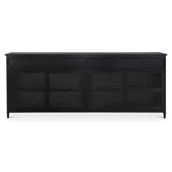 English Elm Sideboard, Matte Black Iron Frame with Tempered Glass Doors for Industrial Dining Rooms B2769P593049