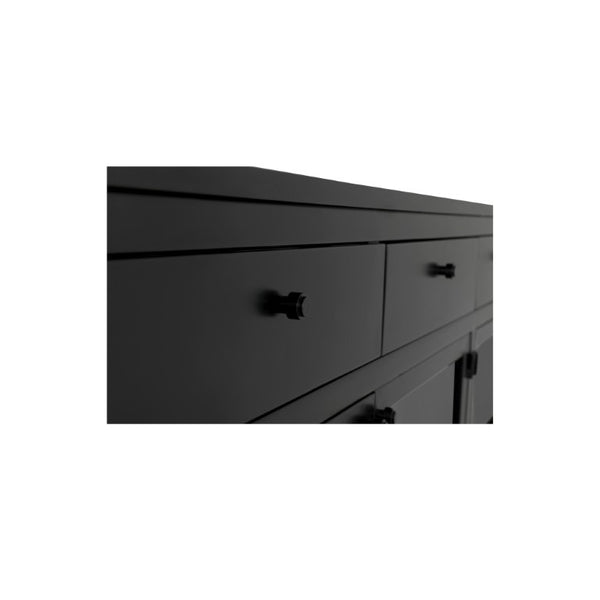 English Elm Sideboard, Matte Black Iron Frame with Tempered Glass Doors for Industrial Dining Rooms B2769P593049