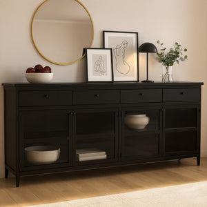 English Elm Sideboard, Matte Black Iron Frame with Tempered Glass Doors for Industrial Dining Rooms B2769P593049