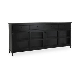 English Elm Sideboard, Matte Black Iron Frame with Tempered Glass Doors for Industrial Dining Rooms B2769P593049