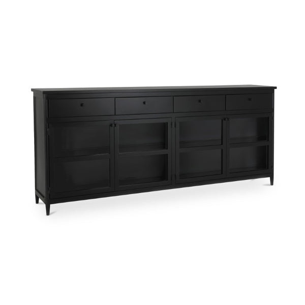 English Elm Sideboard, Matte Black Iron Frame with Tempered Glass Doors for Industrial Dining Rooms B2769P593049