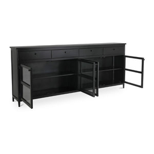 English Elm Sideboard, Matte Black Iron Frame with Tempered Glass Doors for Industrial Dining Rooms B2769P593049