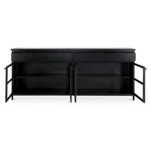 English Elm Sideboard, Matte Black Iron Frame with Tempered Glass Doors for Industrial Dining Rooms B2769P593049