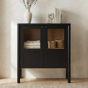 English Elm Cabinet, Solid Pine and Oak Veneer with Tempered Glass Doors Millwork Molding Storage B2769P593050