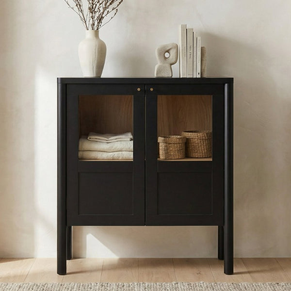 English Elm Cabinet, Solid Pine and Oak Veneer with Tempered Glass Doors Millwork Molding Storage B2769P593050