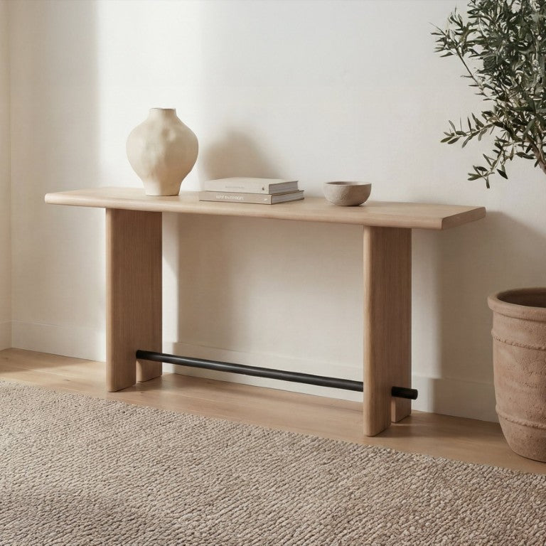 English Elm Console Table Solid Oak Bullnose Top with Blackened Bronze Spreader Bar Entryway B2769P593051