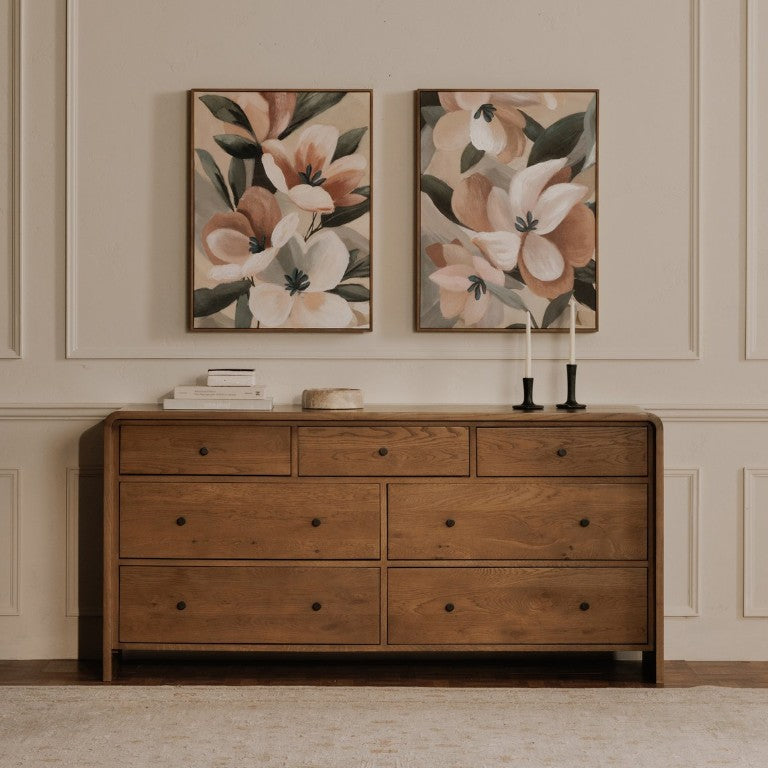 English Elm Dresser, Seven Drawer Solid Oak with Waterfall Edge Soft Close Glides Bedroom Storage B2769P593055