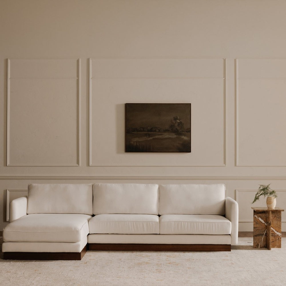 English Elm Left-facing Sectional with Walnut Plinth Base and Greenguard Polyester Upholstery B2769S00040