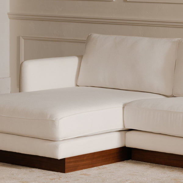 English Elm Left-facing Sectional with Walnut Plinth Base and Greenguard Polyester Upholstery B2769S00040