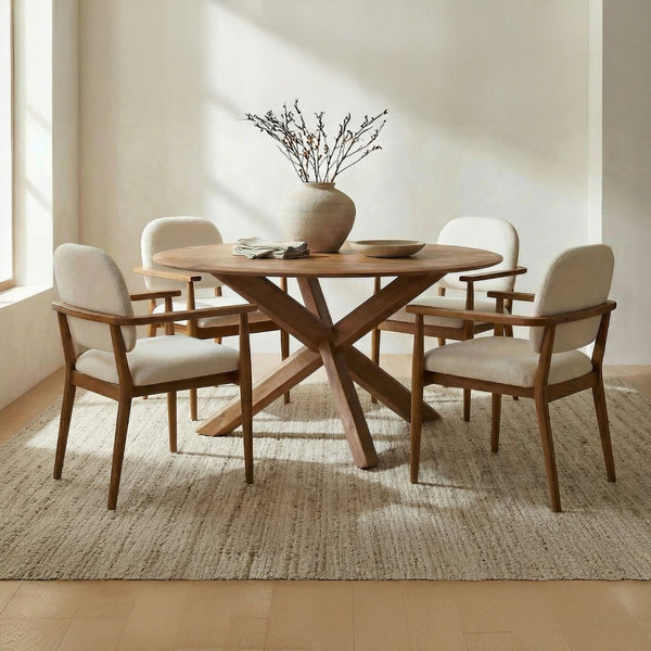 English Elm Dining Table Round Solid Mango Wood Crisscross Base Seats Six Vintage Brown Finish B2769S00047