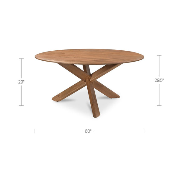 English Elm Dining Table Round Solid Mango Wood Crisscross Base Seats Six Vintage Brown Finish B2769S00047