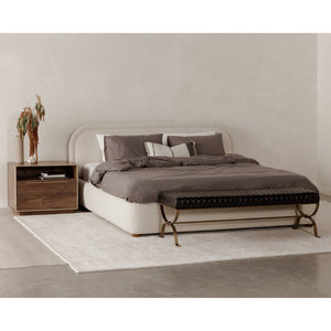 English Elm Queen Velvet Upholstered Panel Bed Solid Pine Frame Tailored Headboard Neutral Oatmeal B2769S00072