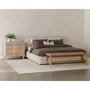 English Elm Queen Velvet Upholstered Panel Bed Solid Pine Frame Tailored Headboard Neutral Oatmeal B2769S00072