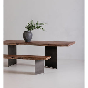 English Elm Dining Table Solid Acacia Live Edge Top with Gunmetal Iron Legs Seats Eight Guests B2769S00075