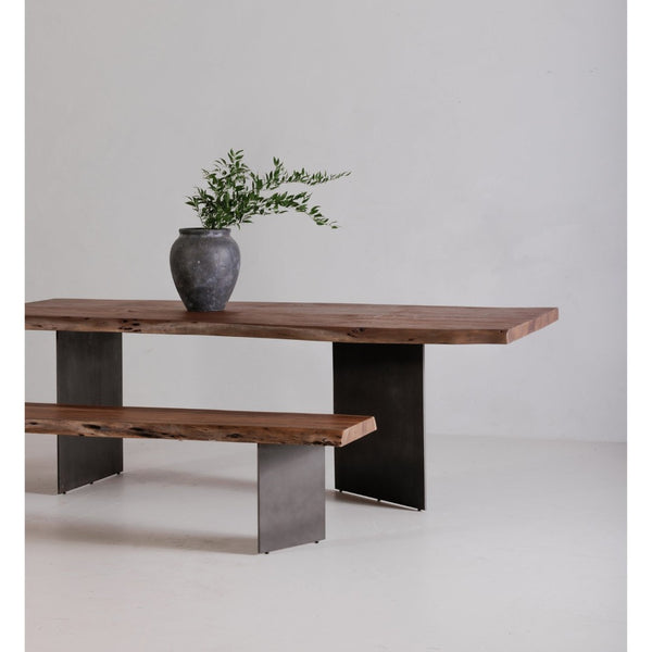 English Elm Dining Table Solid Acacia Live Edge Top with Gunmetal Iron Legs Seats Eight Guests B2769S00075